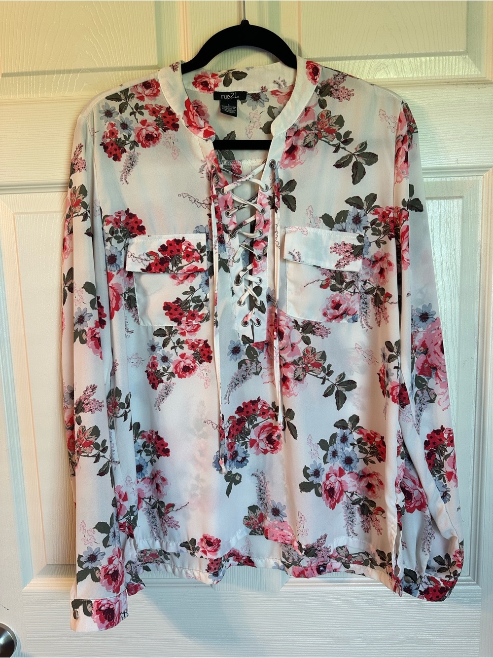 Rue21 Cream Lace-Up Floral Top with Pink and Red Blooms